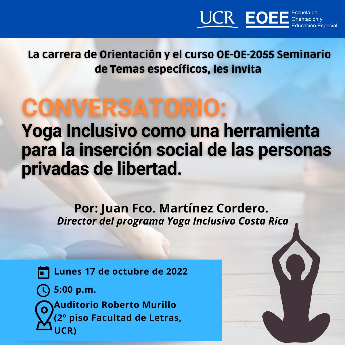 Afiche con texto presentado en la publicación y una silueta de una persona haciendo yoga