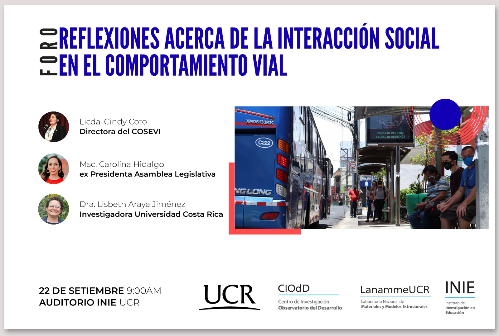 Afiche con información igual a la publicación y fotografía de tren y personas en la parada del tren.
