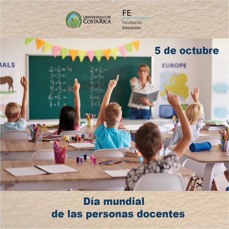 Afiche con texto igual a la publicación e imagen de profesora con estudiantes levantando la mano.