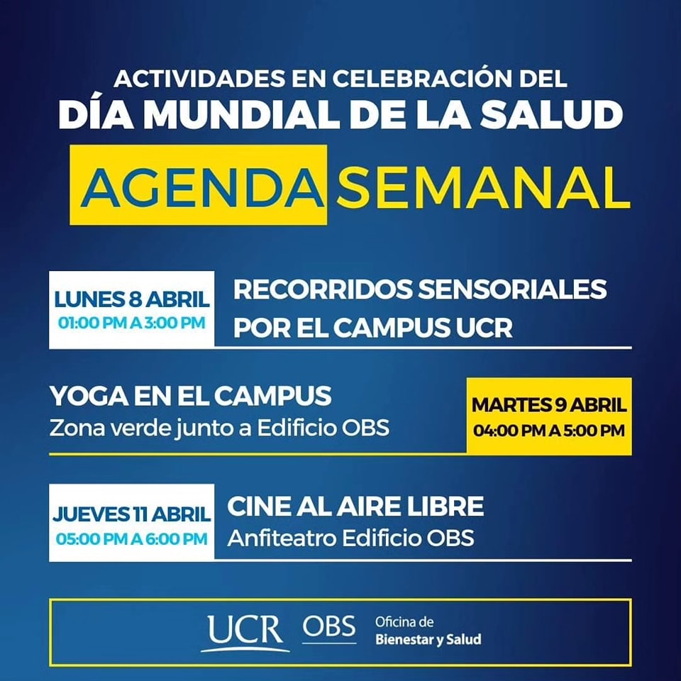 Afiche con títulos de las actividades de la agenda semanal de la OBS en conmemoración al Día Mundial de la Salud