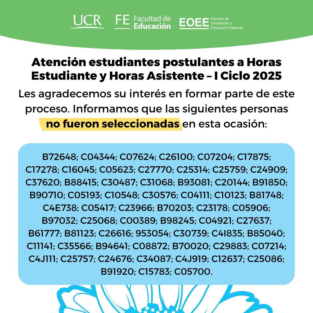 Afiche con listado de números de carné de personas no seleccionadas.