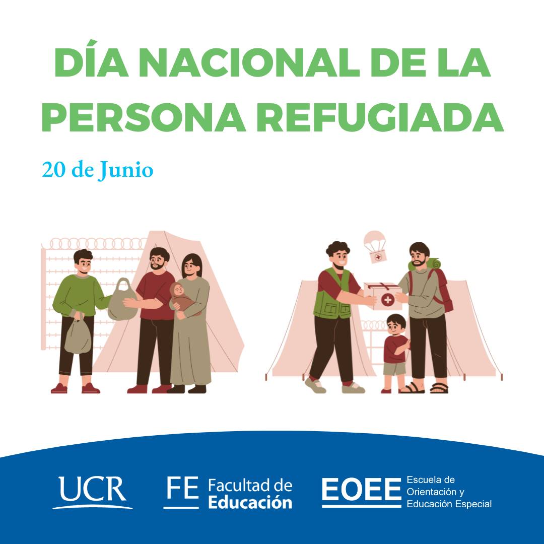 Imagen con ilustraciones en PNG de personas recibiendo ayudas en un campamento con texto igual a la publicación y logos de la Unidad Académica.s 