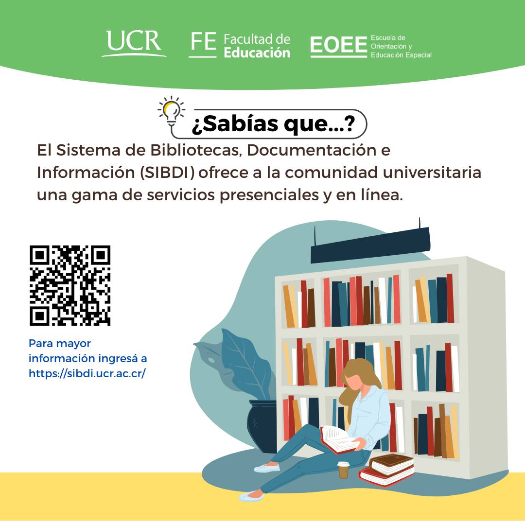 El título principal dice "¿Sabías que…?", seguido de un texto en letras claras y legibles que informa: "El Sistema de Bibliotecas, Documentación e Información (SIBDI) ofrece a la comunidad universitaria una gama de servicios presenciales y en línea." Debajo del texto, se encuentra un enlace web destacado en color llamativo: https://f.mtr.cool/bpucrqykfk que redirige a la página oficial del SIBDI para mayor información.  A la derecha del texto, hay una ilustración de una estantería con libros y una persona.