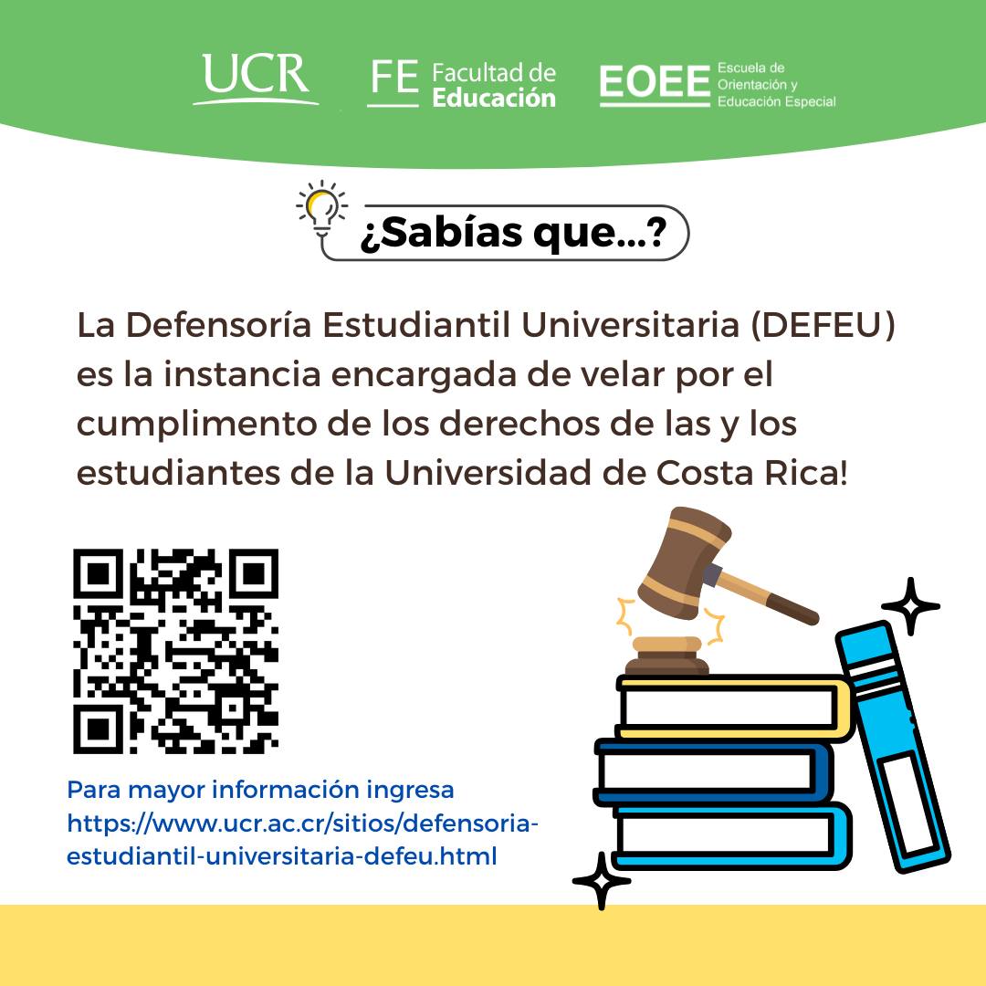 Afiche informativo de la Universidad de Costa Rica (UCR) con el logo de la Facultad de Educación (FE) y la Escuela de Orientación y Educación Especial (EOEE). El afiche presenta un diseño gráfico moderno con elementos abstractos y una paleta de colores vibrantes. En la parte superior, se encuentra el logo de la UCR y los logos de la FE y EOEE. En el centro, se lee la pregunta "¿Sabías que...?" seguida de la información sobre la Defensoría Estudiantil Universitaria (DEFEU) y un enlace para obtener más info.